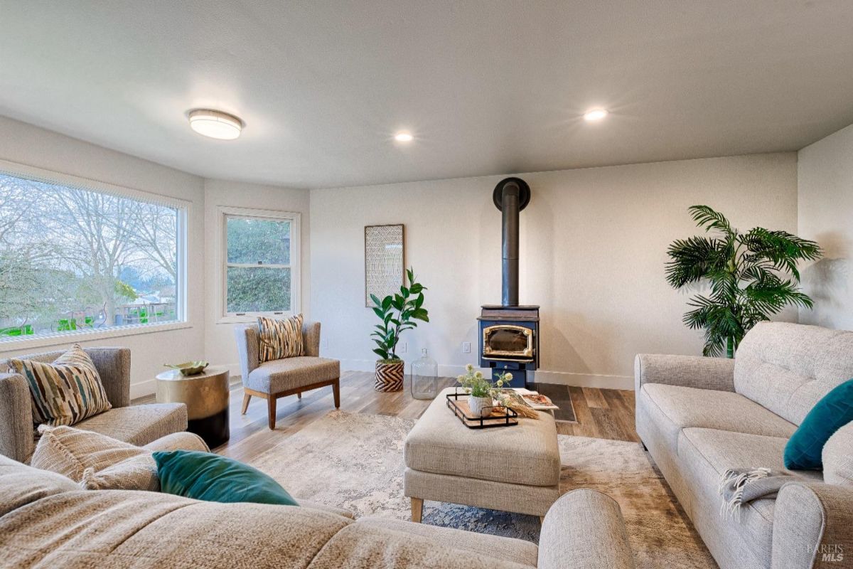 Wood-burning stove, two sofas, two armchairs, a coffee table, two houseplants, and a window with a view of trees.