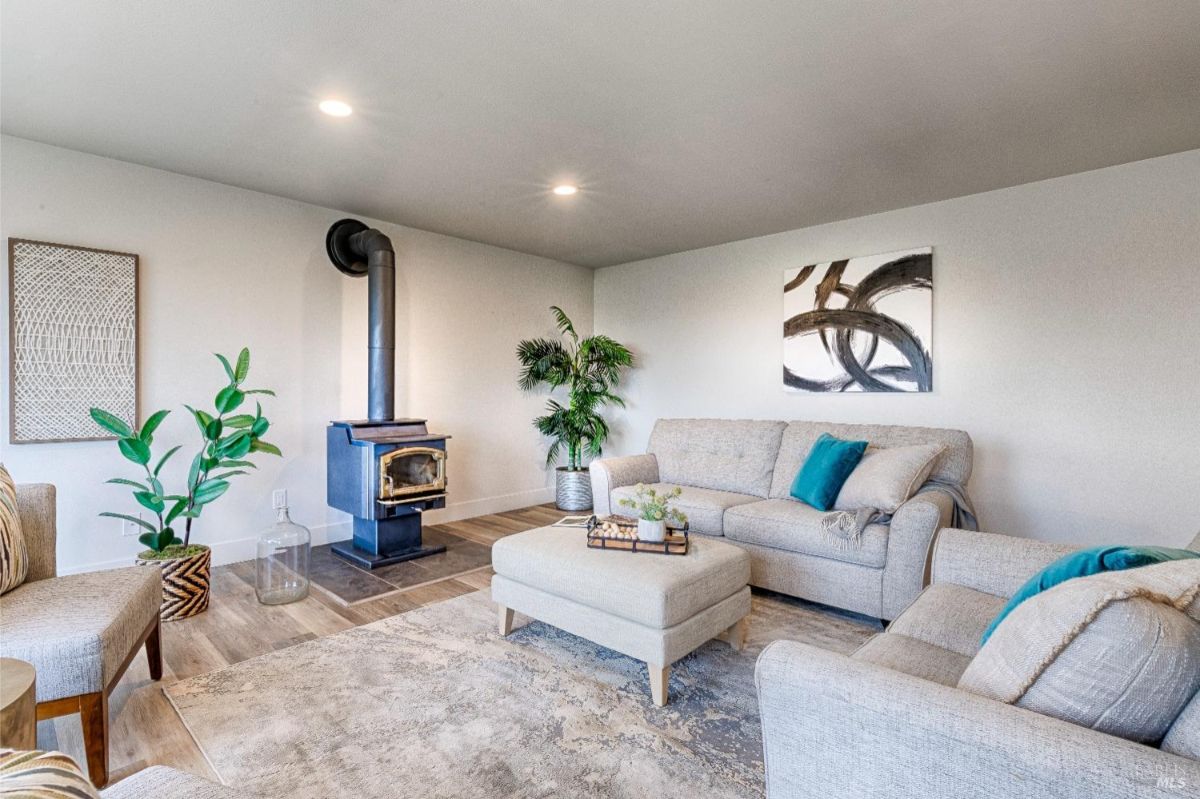 Wood-burning stove, two sofas, two armchairs, a coffee table, and two houseplants.