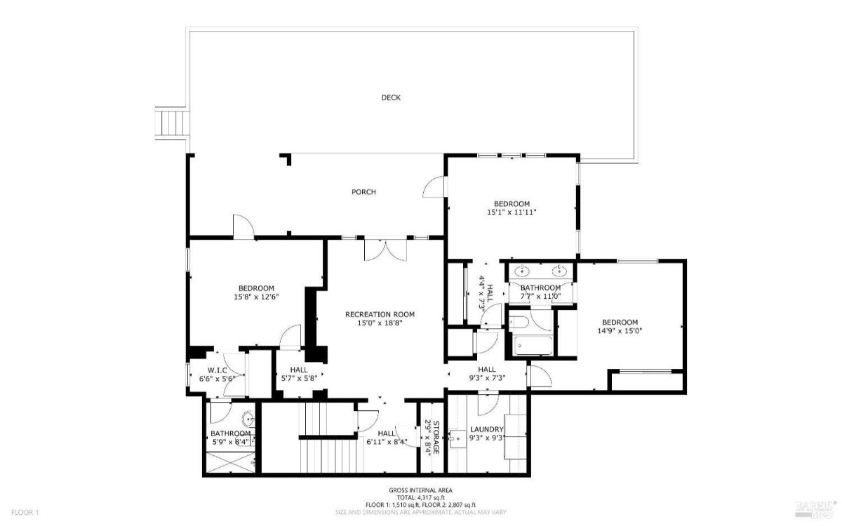 The floor plan shows a three-bedroom house with a recreation room, two bathrooms, a laundry room, and a porch.