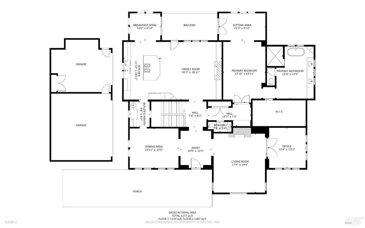 The floor plan shows a four-bedroom house with a family room, living room, dining area, kitchen, and a two-car garage.