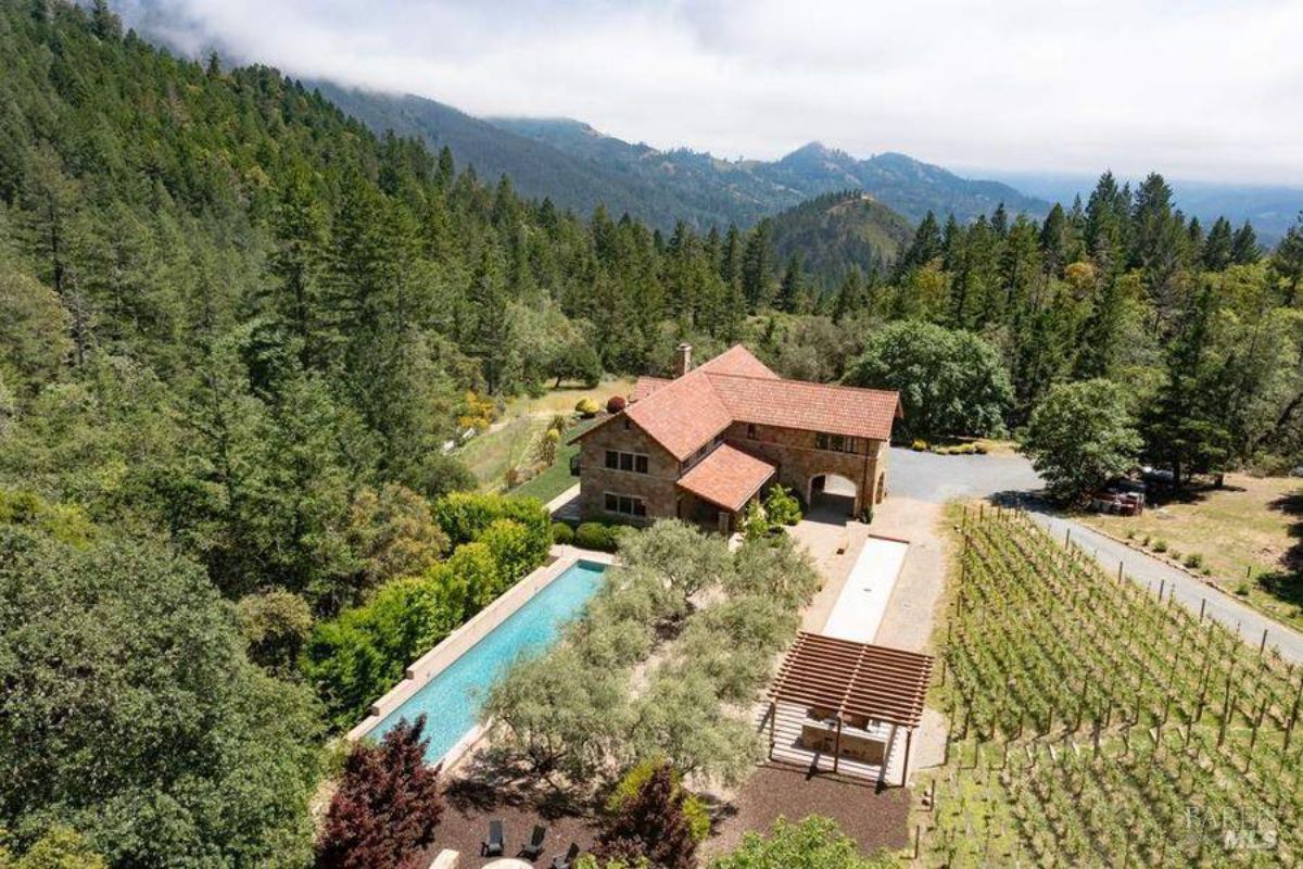 Aerial view of a large house with a red tile roof, a swimming pool, a vineyard, and a forested hillside in the background.