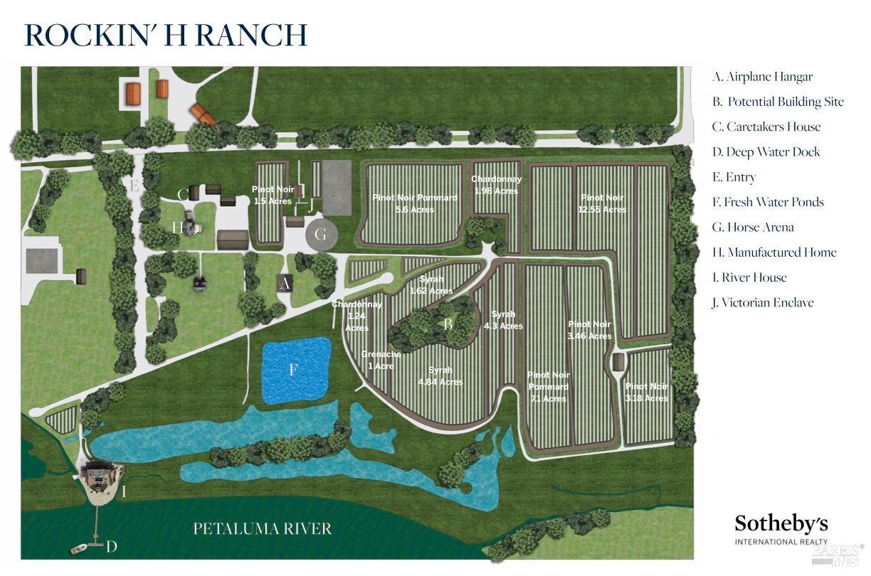 The map provides a visual representation of the layout and key features of Rockin' H Ranch, highlighting its potential for various activities and its picturesque location along the Petaluma River.