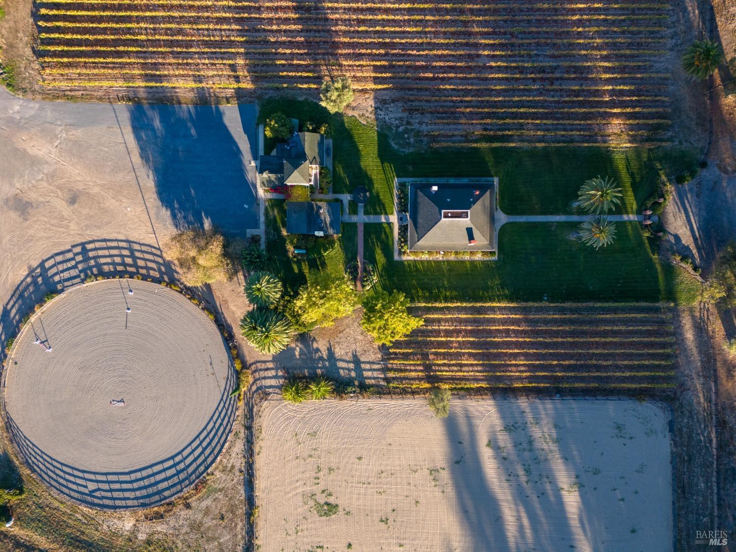 An aerial view reveals a sprawling estate nestled amidst a picturesque vineyard, showcasing a main house, a guest house, and riding arenas. The meticulously planned grounds and surrounding rows of grapevines create a serene and idyllic countryside setting.