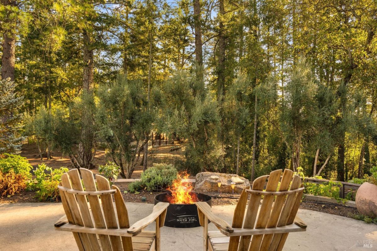 Outdoor patio with two wooden chairs facing a fire pit surrounded by trees.