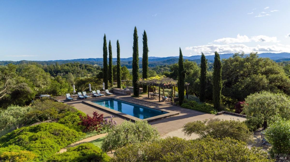 Rectangular swimming pool is surrounded by greenery, lounge chairs, and tall cypress trees.