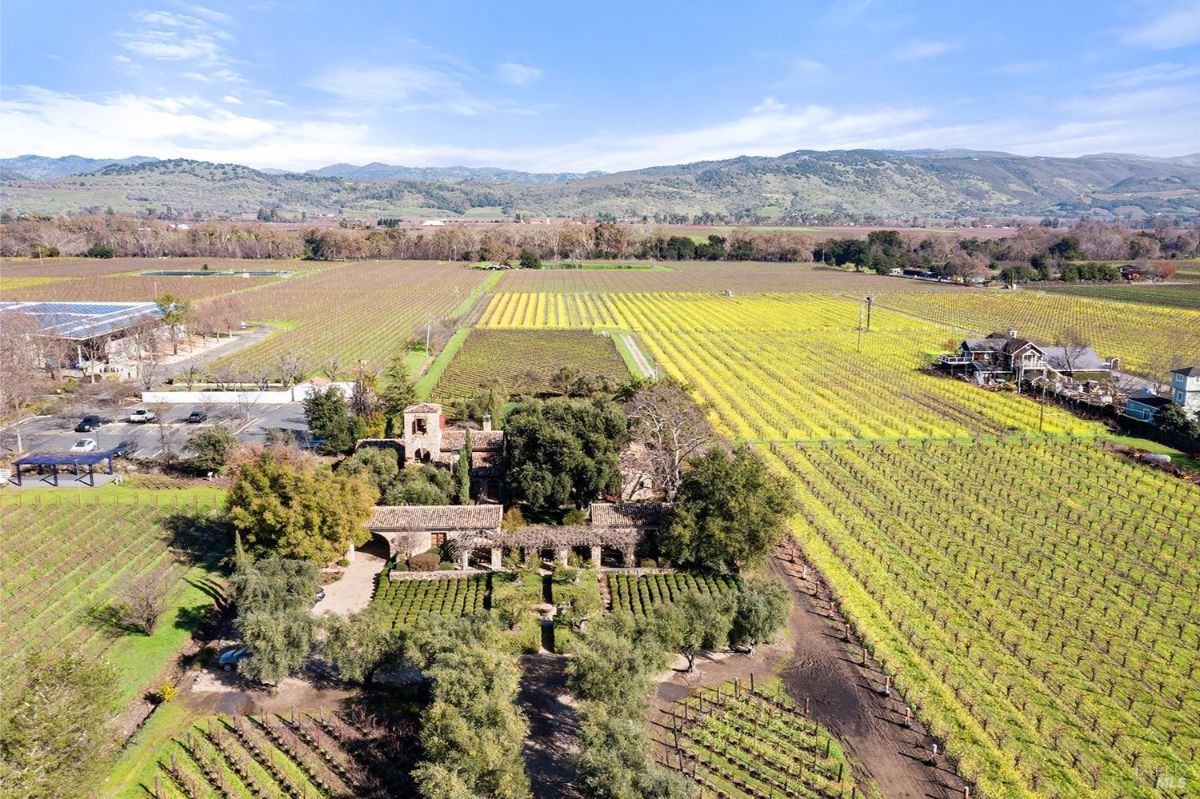 Aerial view of a property surrounded by vineyards. The property includes a building with a tile roof, a parking area, and adjacent farmland with rows of vines extending into the distance.