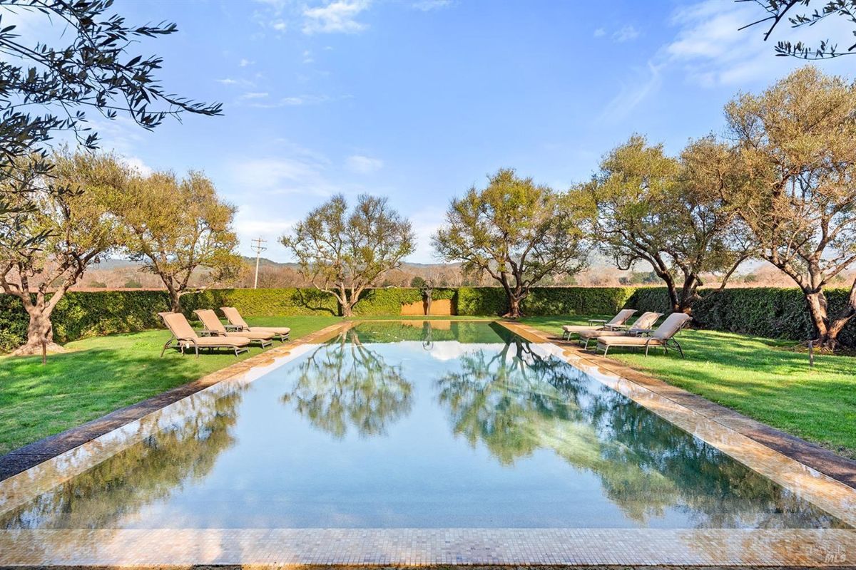 Swimming pool from a central perspective, emphasizing the water's reflection, the aligned lounge chairs, and the surrounding trees.