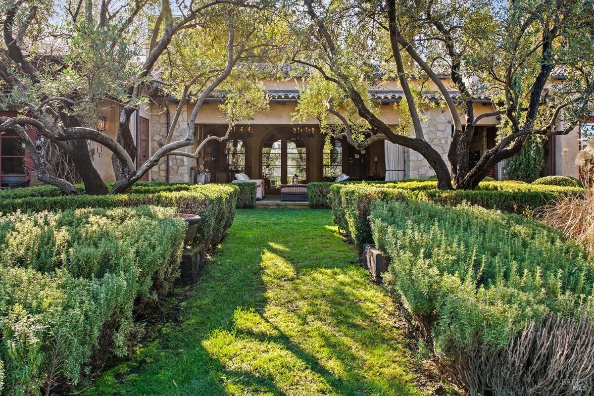 Manicured pathway, lined with fragrant rosemary bushes, leads through a tranquil garden towards a charming stone house nestled amongst olive trees. The dappled sunlight and lush greenery create an inviting and peaceful atmosphere, perfect for a leisurely stroll or a moment of quiet contemplation.