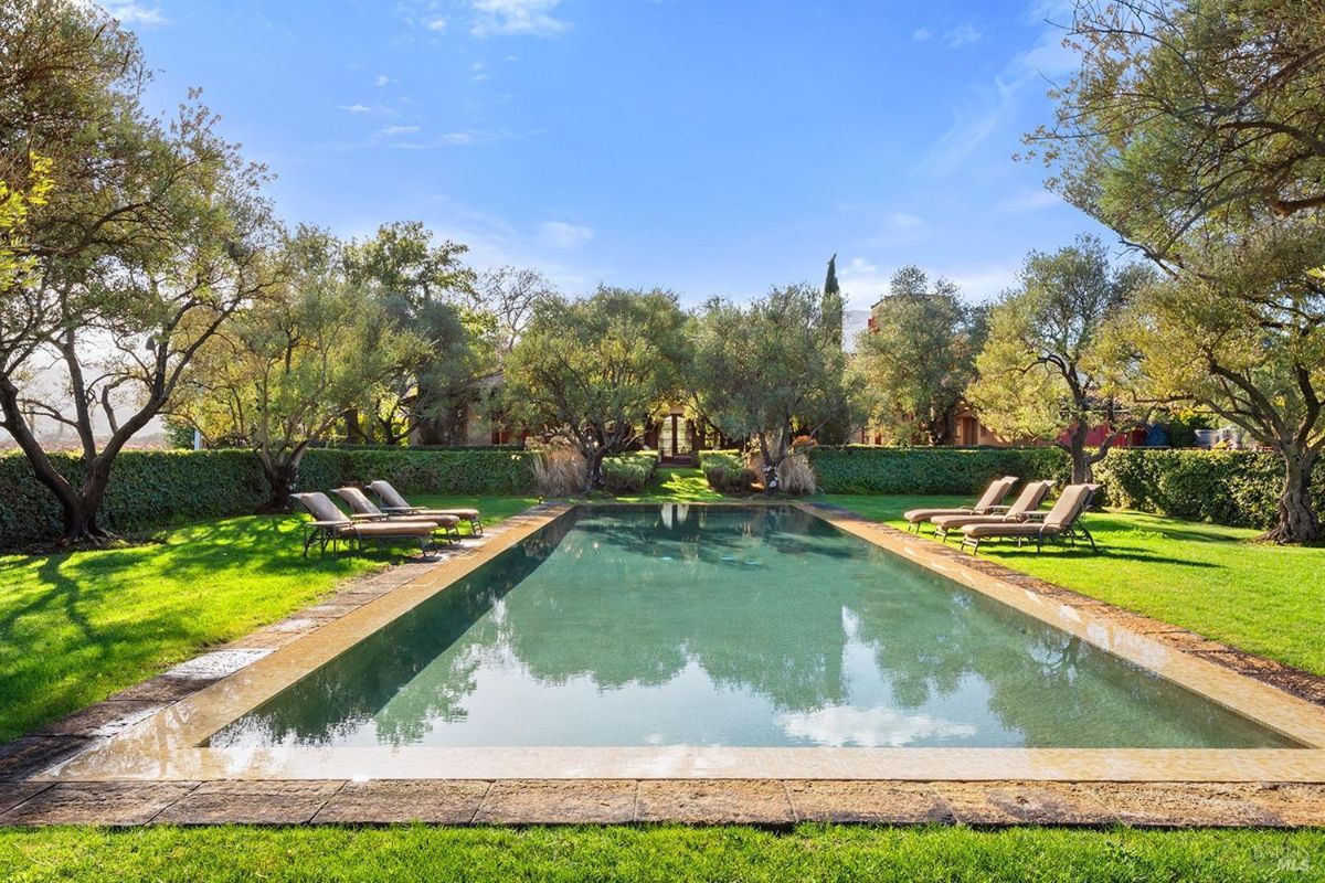 The pool with a clear reflection of the sky and surrounding trees, with neatly arranged lounge chairs and a backdrop of hedges.