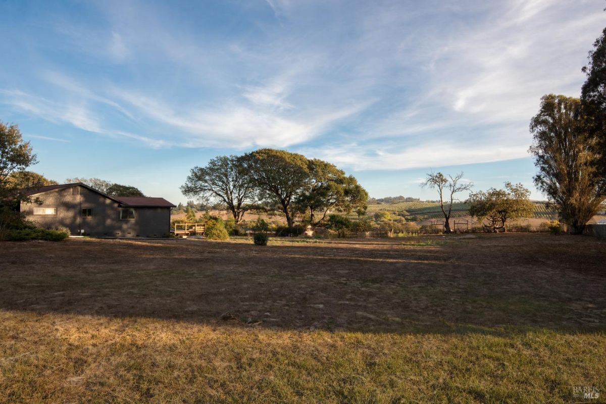 Open backyard with a view of trees and rolling hills under a clear sky.