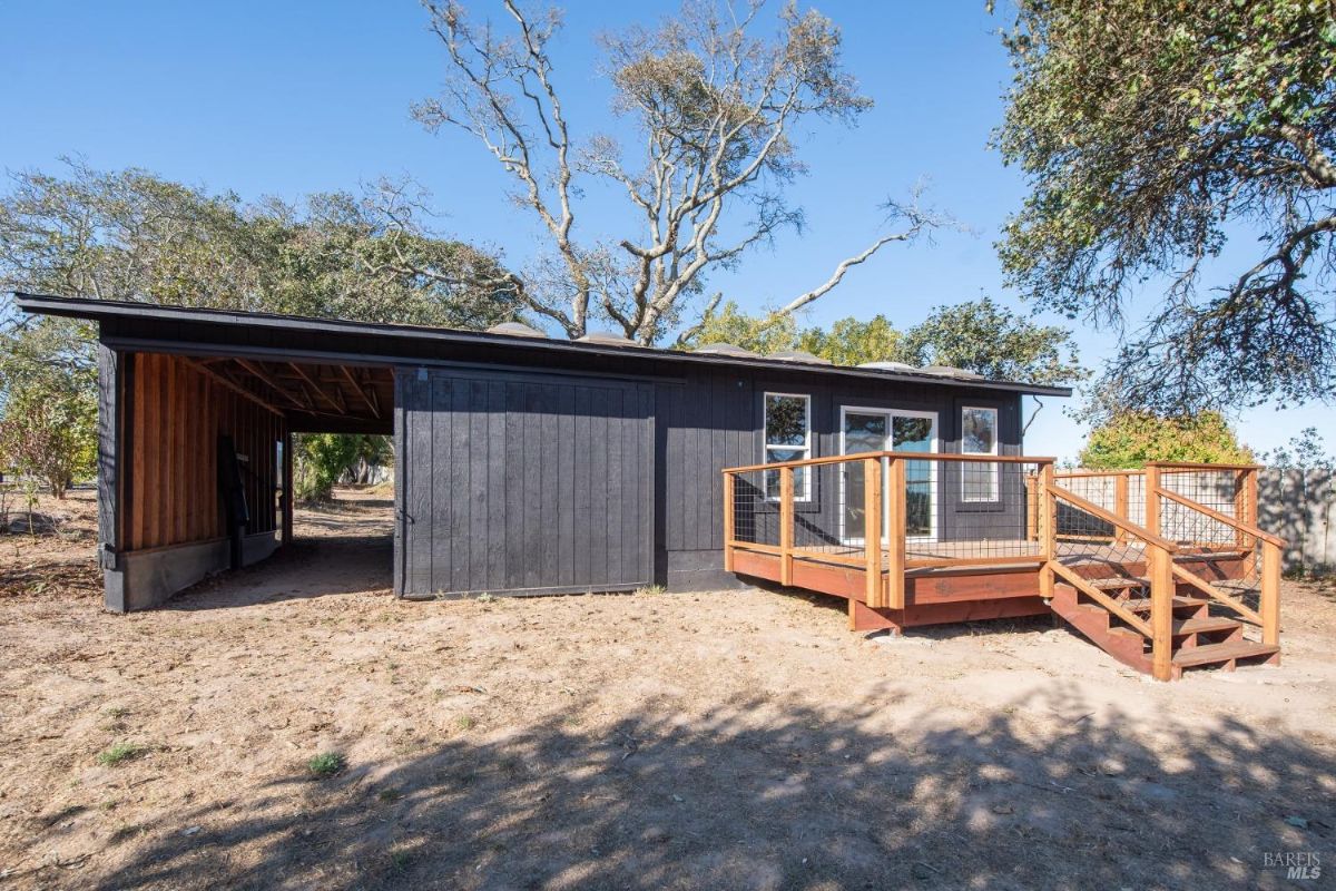 Small black shed with a wooden deck and steps surrounded by trees.