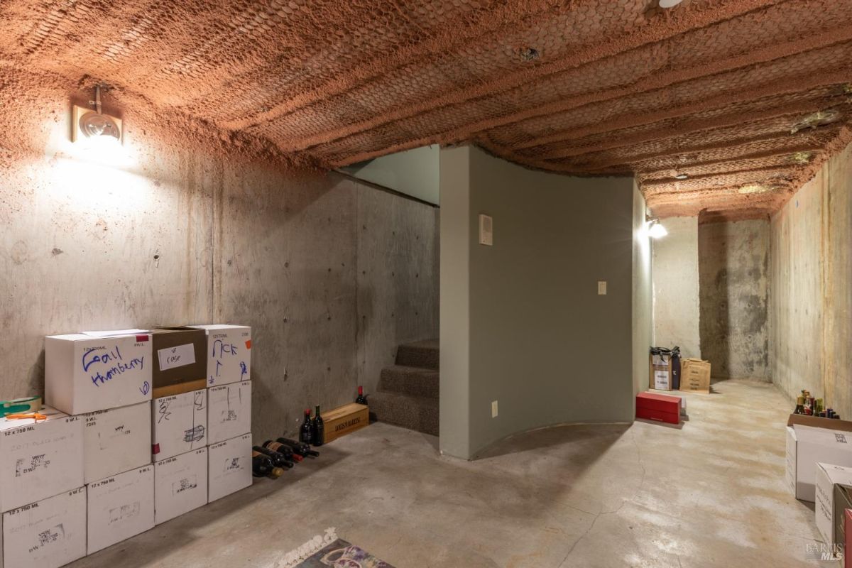 Concrete basement with wine storage and utility space.