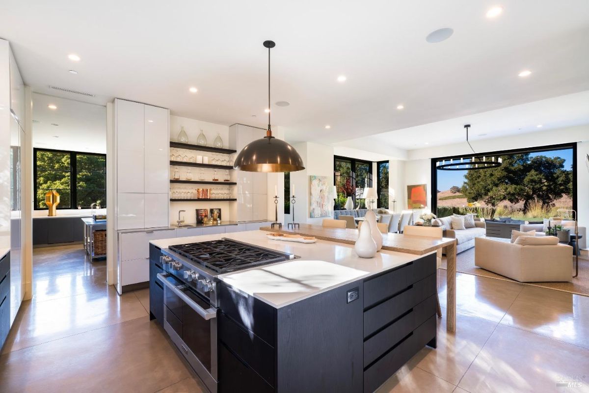 Kitchen features a large island with a built-in gas range and seating for casual dining. Open layout connects to the living and dining areas, with expansive windows providing views of the surrounding landscape.