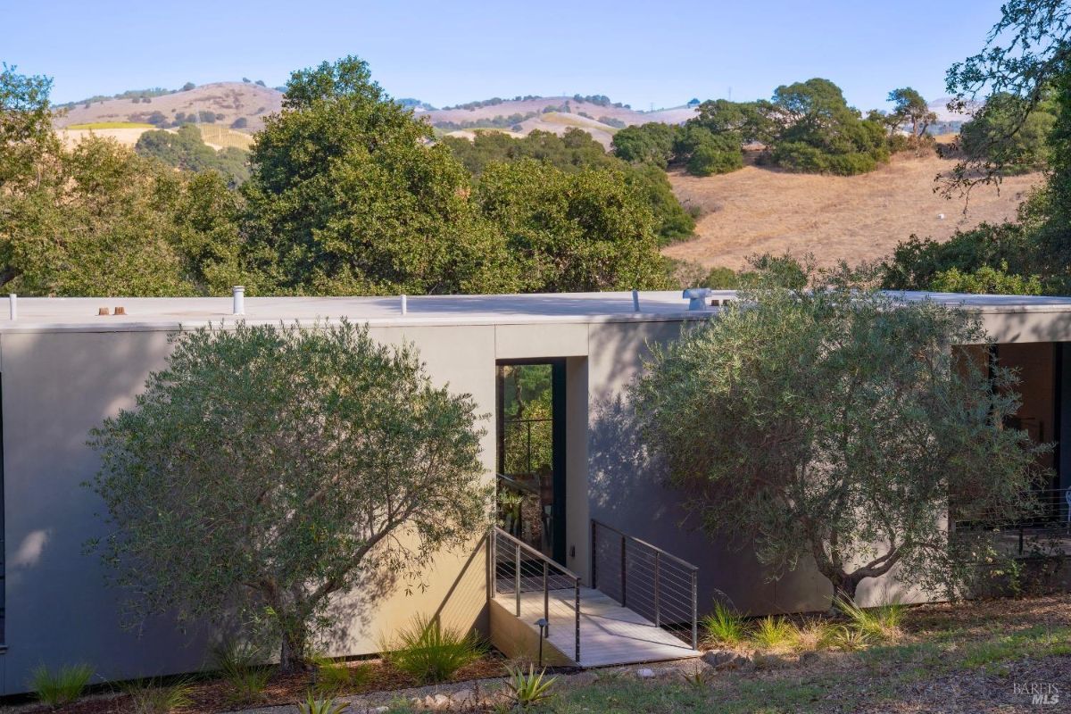 Single-story modern structure features a flat roof and a minimalist design. Surrounded by natural landscapes, including trees and hills, with a walkway leading to a central entrance.