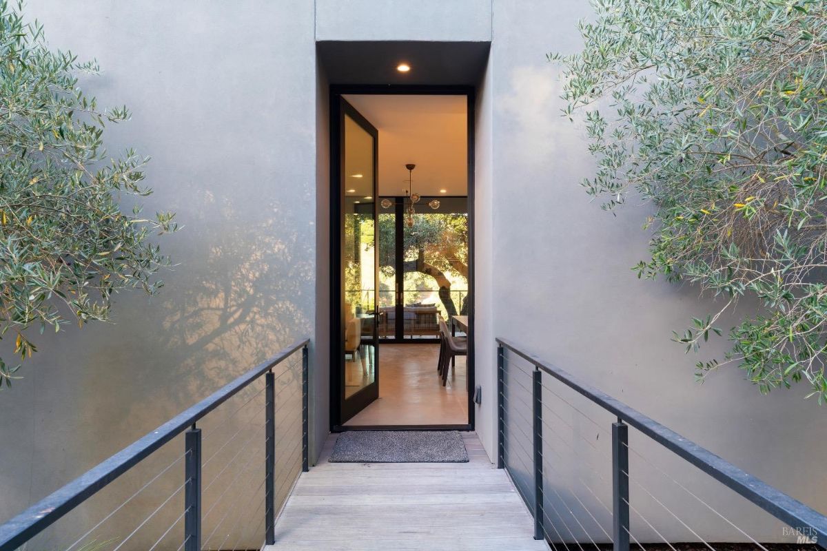 This entryway features a modern, narrow pathway with a railing on both sides leading to a glass door. Olive trees frame the entrance, offering natural greenery against the minimalistic gray facade.