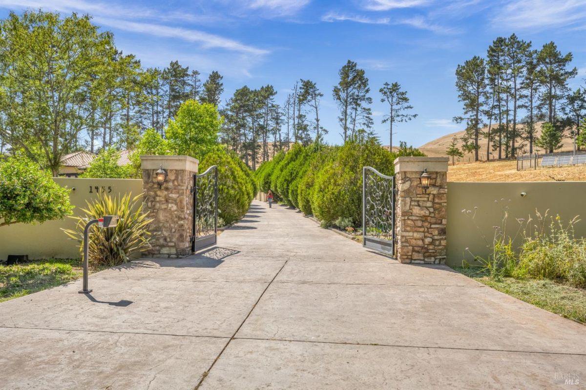 Close-up of the gated entrance with stone pillars and ornamental metalwork leading to the driveway.