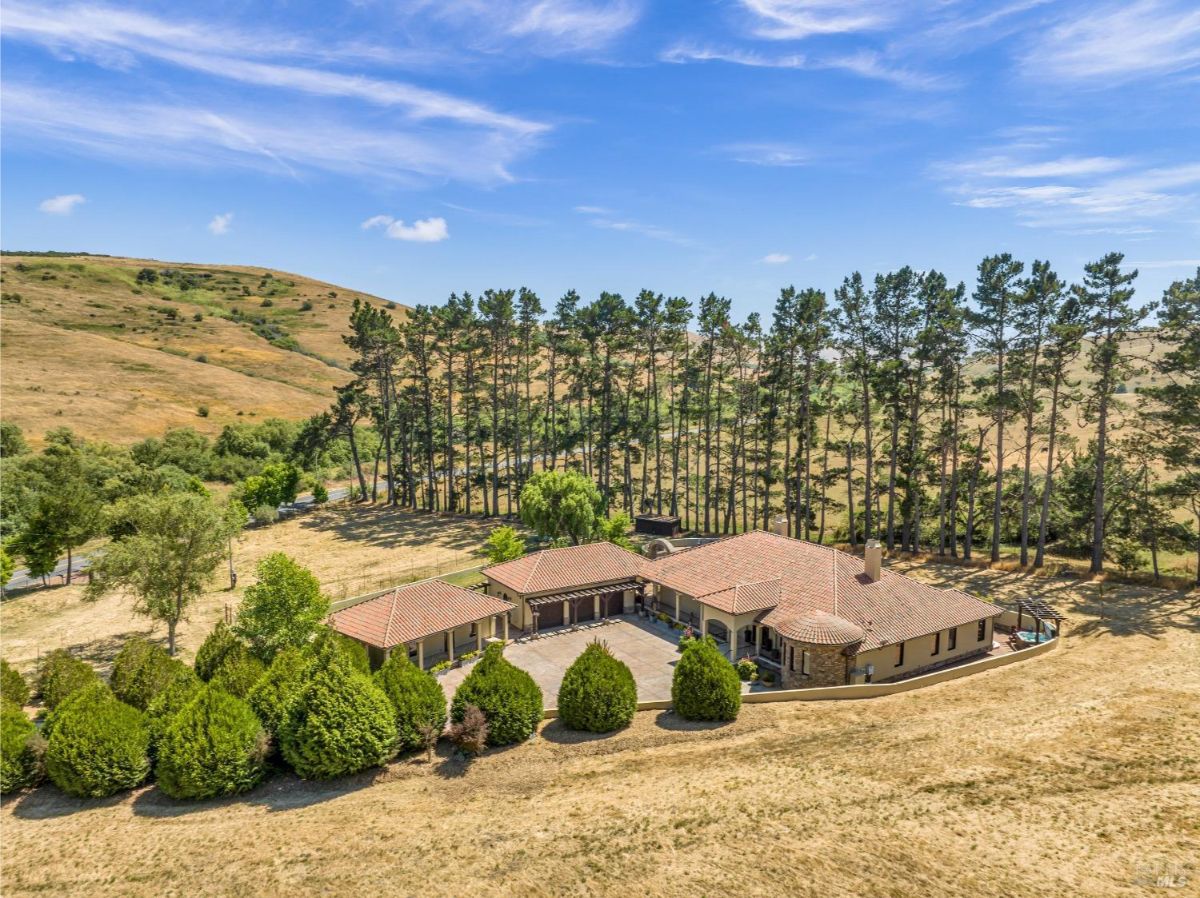 Elevated view focusing on the house's layout and proximity to tall trees.