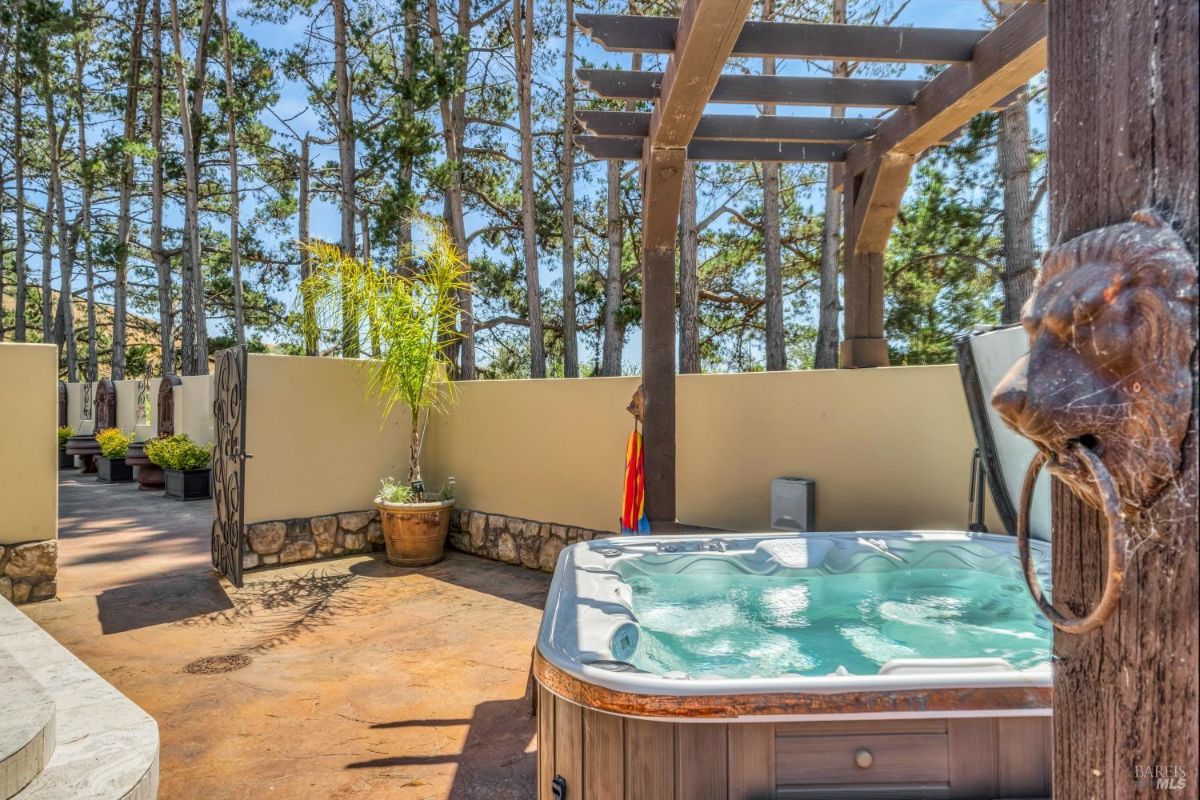 The outdoor space features a hot tub, a pergola, and a decorative lion head door knocker.