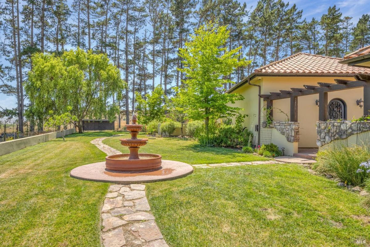 The outdoor space features a fountain, a walkway, and a lush lawn.