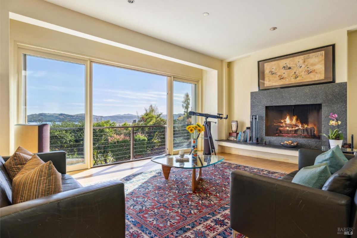 Living room with a fireplace, modern decor, and expansive views through glass doors.