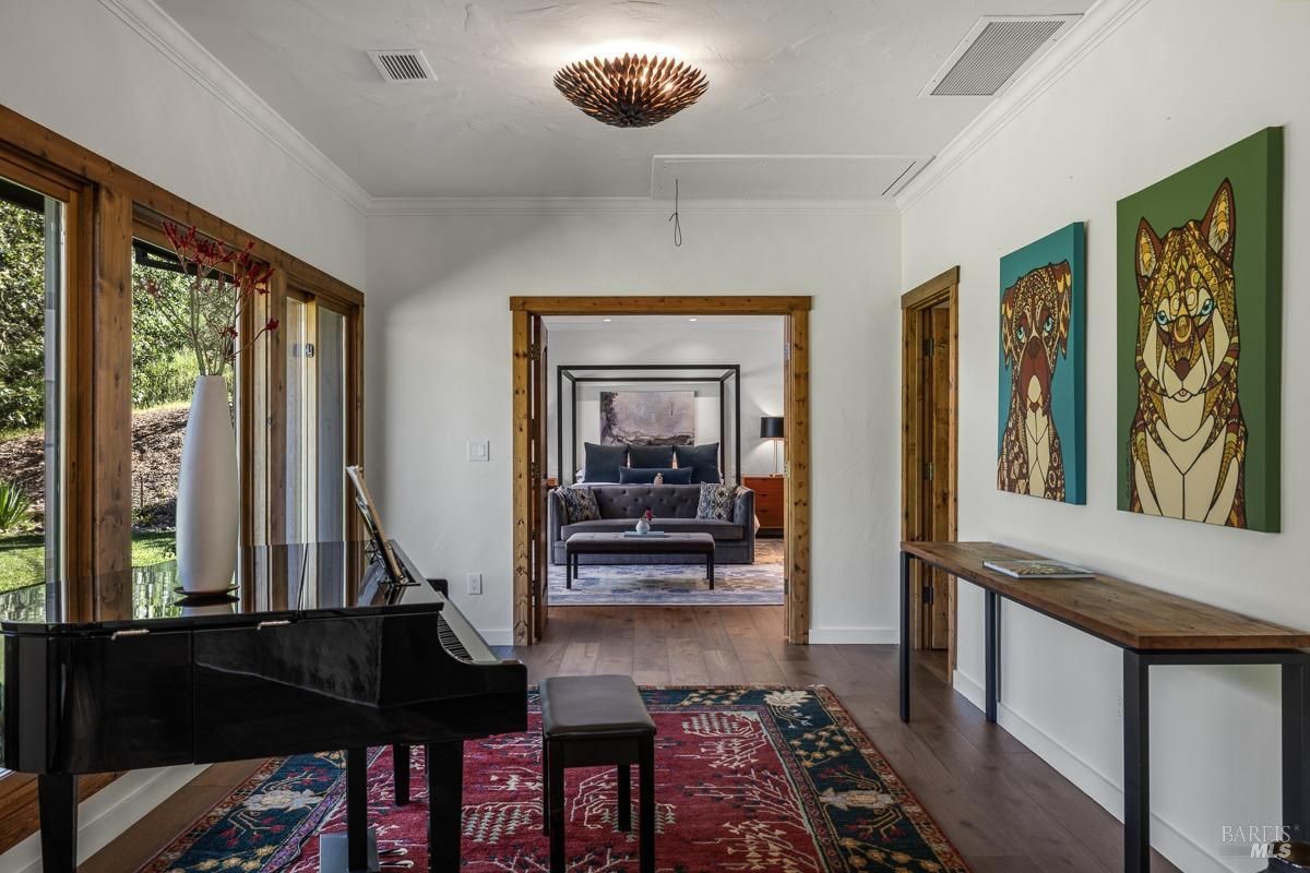  A transitional hallway leading to a bedroom, featuring a grand piano, colorful dog-themed art, and a vibrant red rug. Large windows provide views of the garden and create a bright and inviting space.