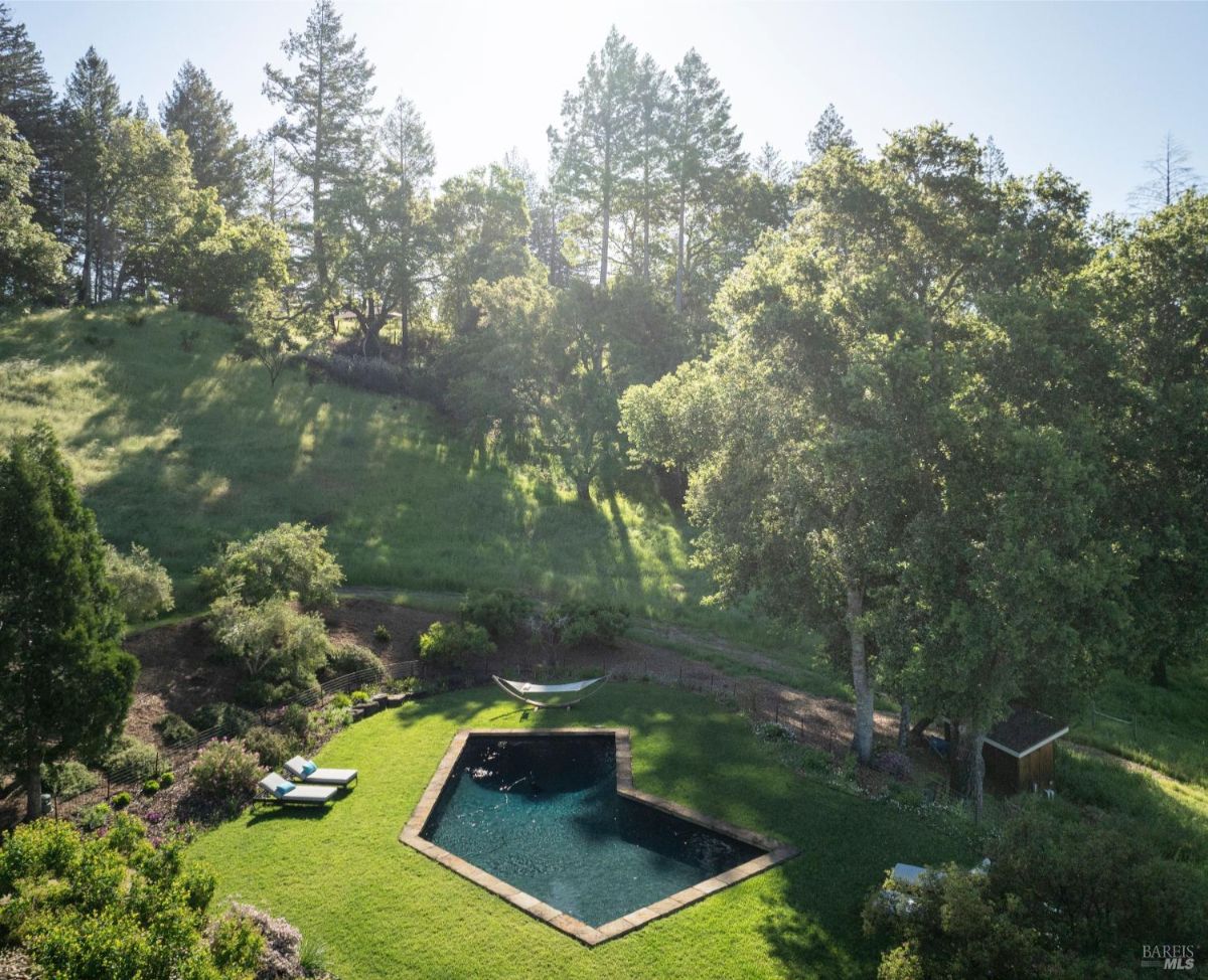  A top-down view of the pool area, surrounded by manicured lawns, trees, and landscaping. The layout highlights the harmonious integration of nature and leisure, with a hammock and seating strategically placed.