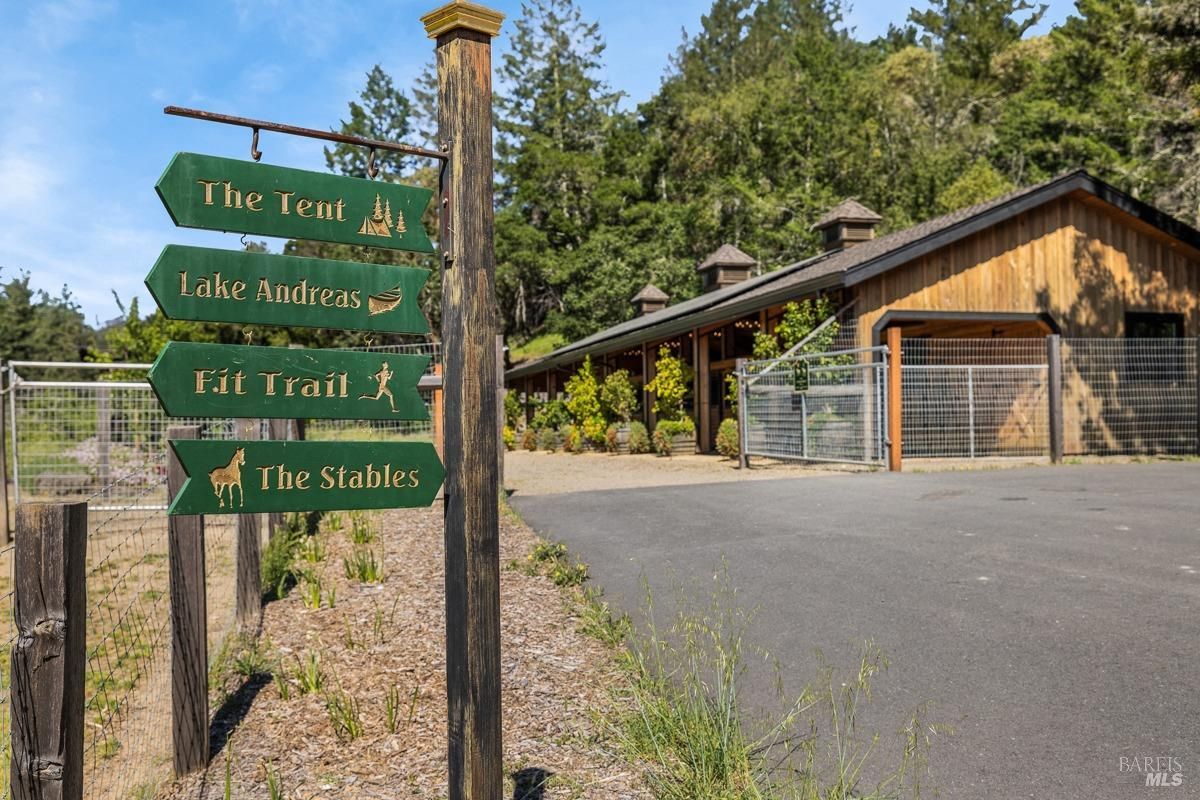 Wooden signpost with similar green directional signs pointing toward "The Tent," "Lake Andreas," "Fit Trail," and "The Stables." Behind the signpost, there's a wooden stable building with large doors, surrounded by a well-maintained area and greenery. The setting suggests an equestrian or recreational area.