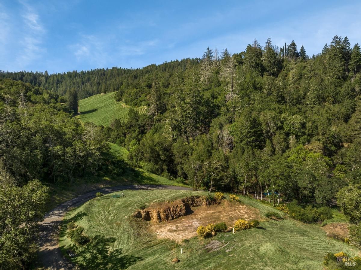 A picturesque landscape with rolling hills, lush greenery, and a clear blue sky. A clearing in the middle of the land offers a potential building site, surrounded by mature trees.