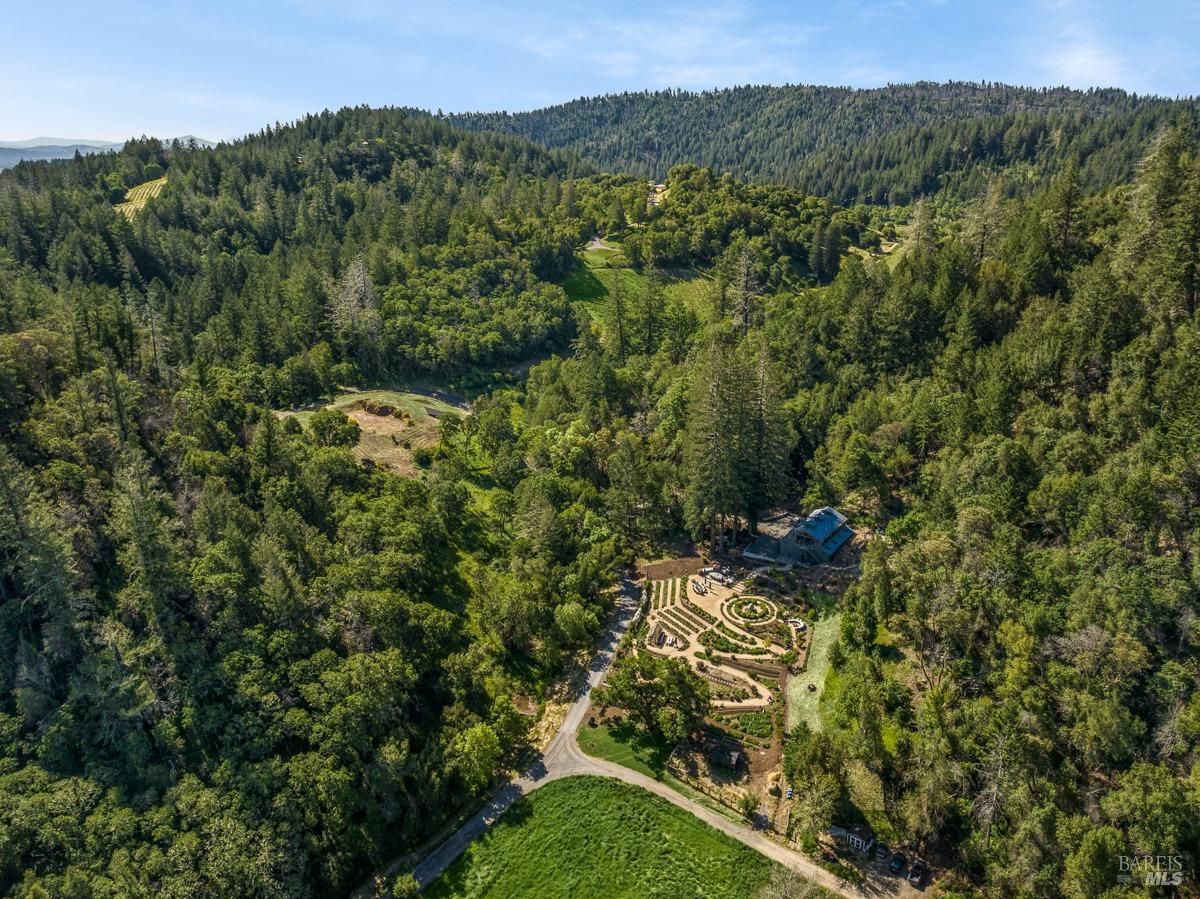 Aerial view of a secluded property nestled amidst rolling hills and lush greenery. A winding road leads to a charming garden, surrounded by towering trees.