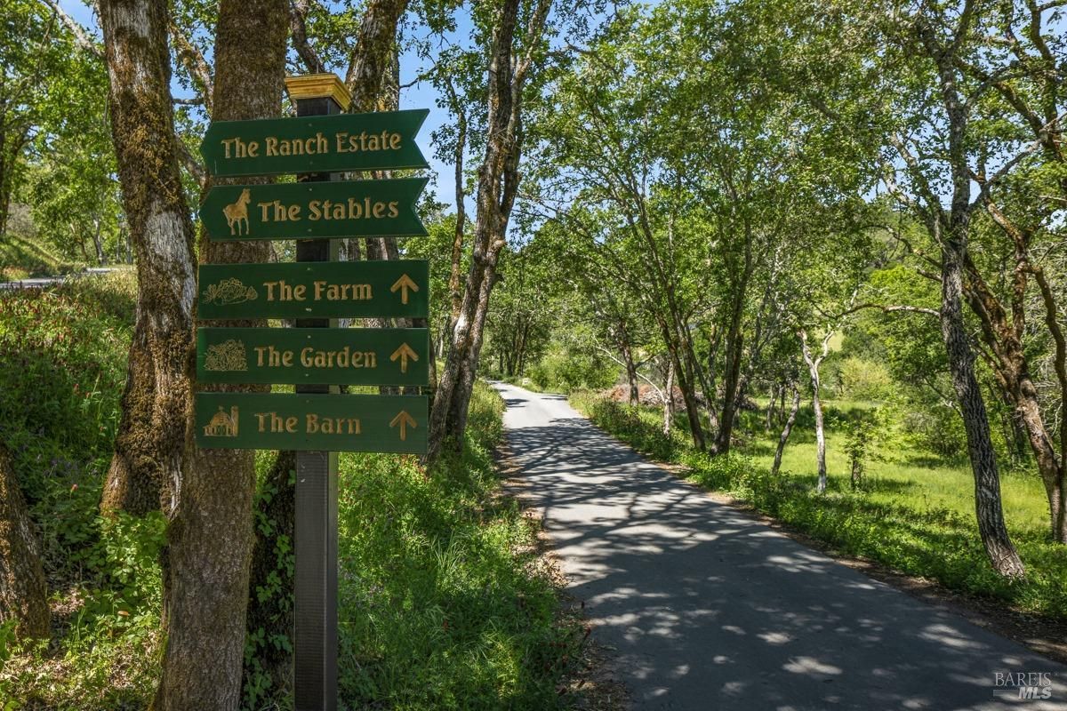 A wooden signpost with green directional signs pointing to various locations on a ranch. The labels read "The Ranch Estate," "The Stables," "The Farm," "The Garden," and "The Barn," each with an accompanying icon or symbol. The sign is located alongside a paved pathway surrounded by lush greenery and tall trees, indicating a serene rural setting.