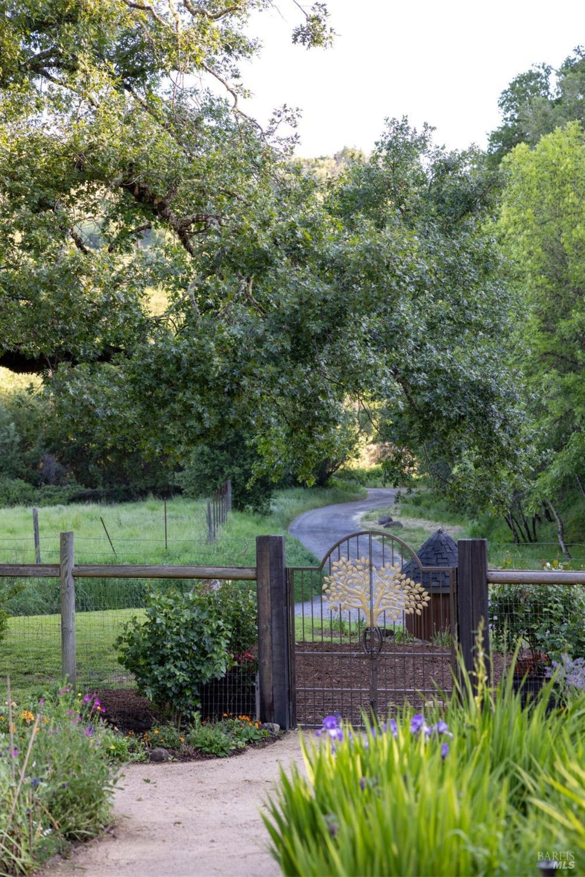 A rustic entrance gate with decorative metalwork, surrounded by a garden with colorful flowers. The path leads to an open field with a backdrop of trees and rolling hills, suggesting an inviting entrance to a private garden or estate.