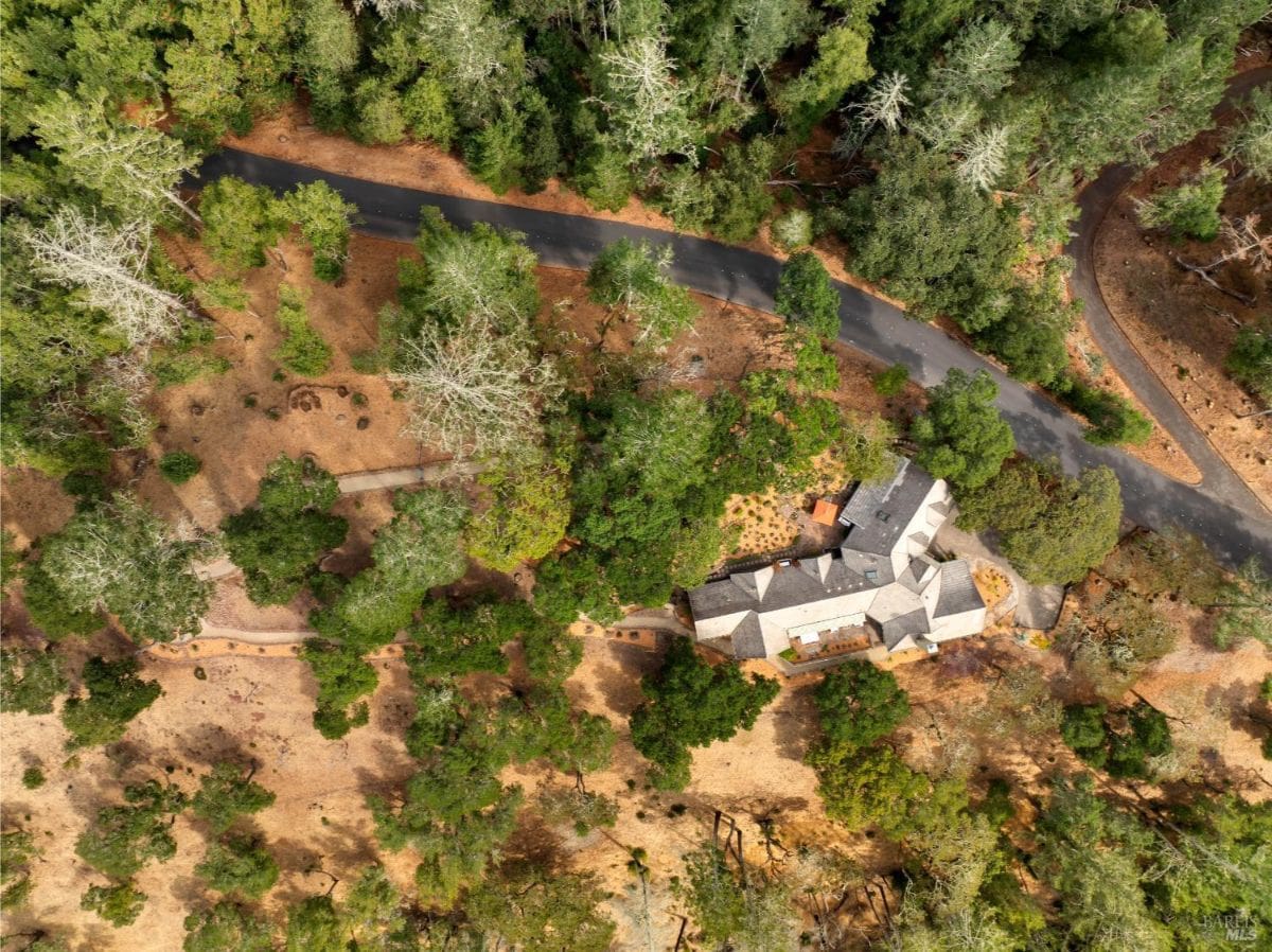 Overhead shot of a property with trees, pathways, and a main house.