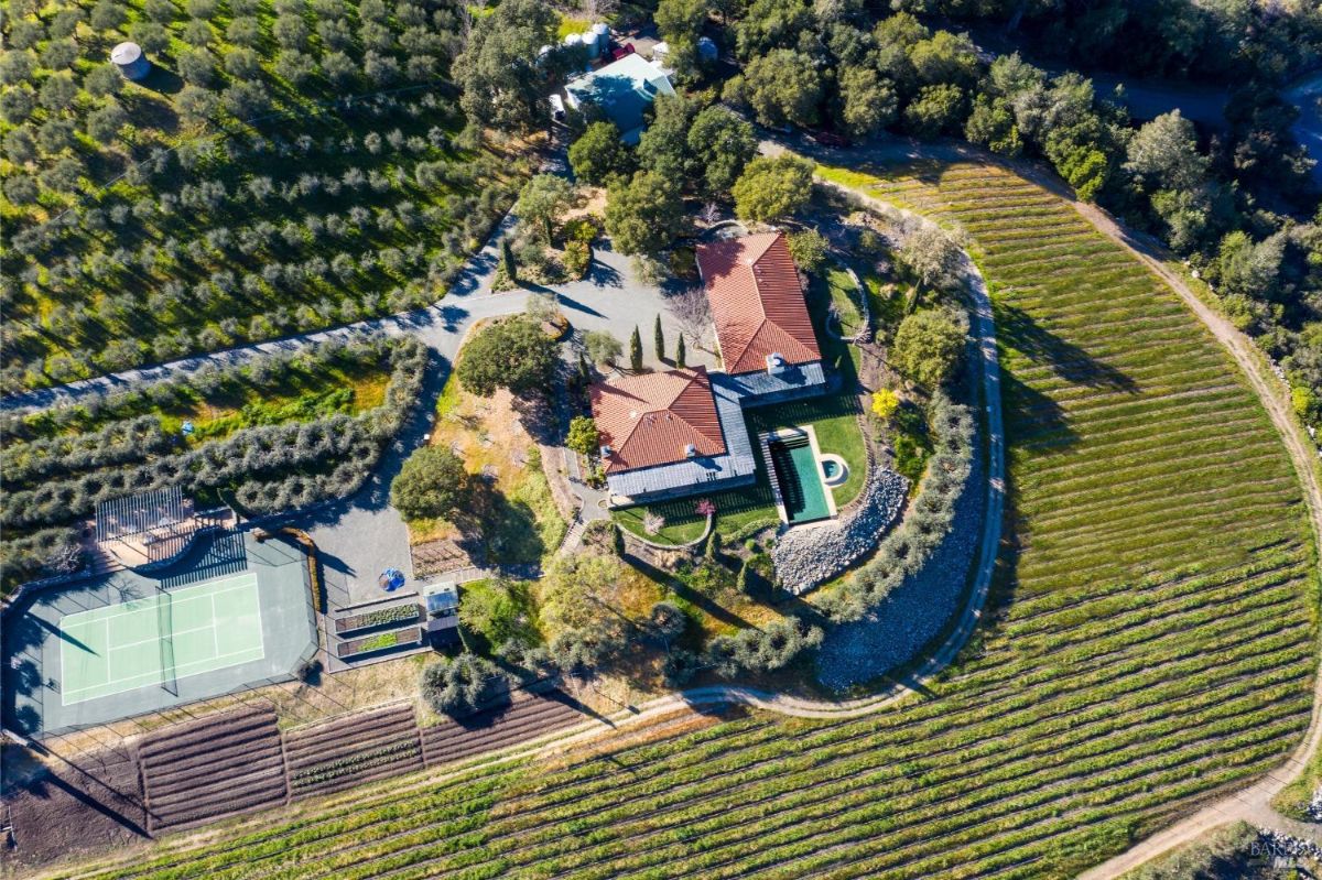 Overhead view displays the property, tennis court, gardens, and pool set amidst vineyards and trees.