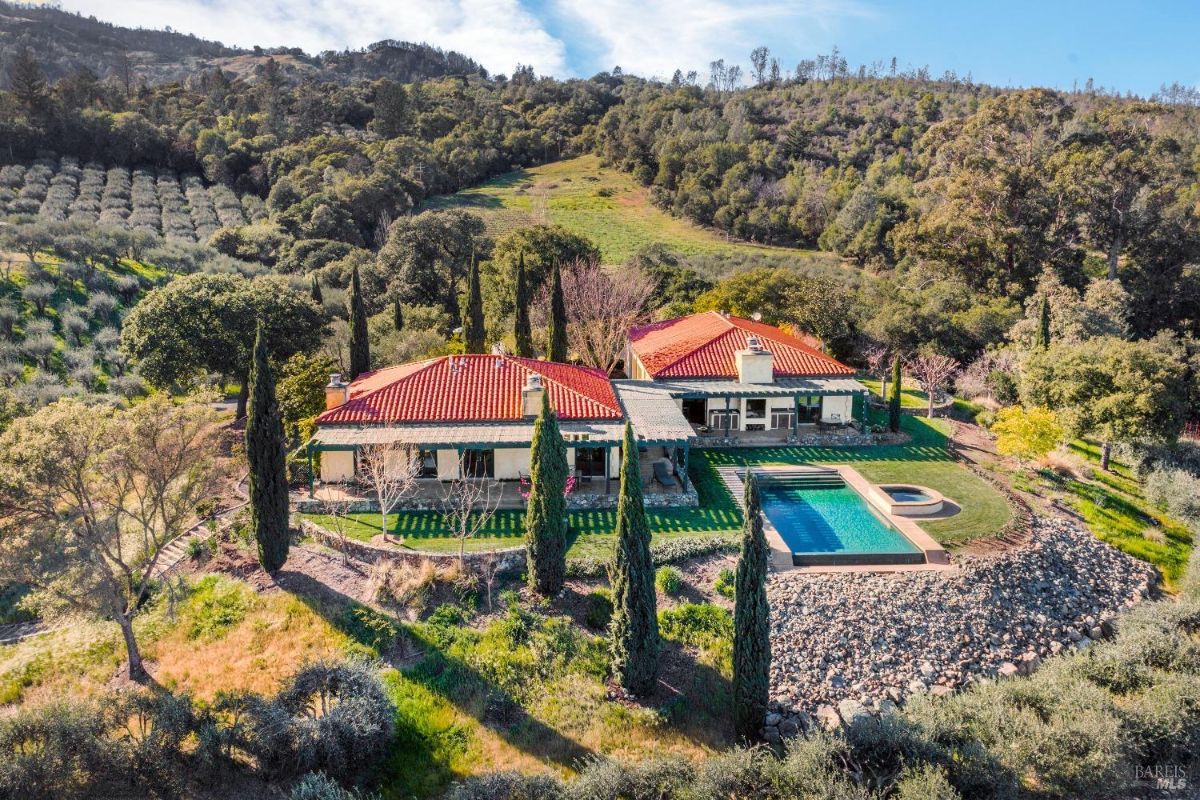 Elevated view highlights a house with red-tiled roofs, a pool, and lush surroundings in the vineyard.