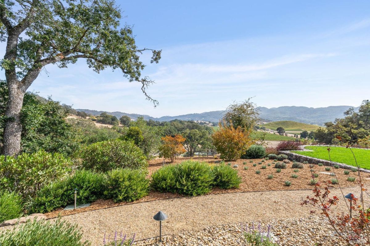 Showcases a beautiful vineyard landscape. In the foreground, there is a well-manicured garden with various plants, including lavender and rosemary. The garden path is made of gravel, and there are small lights embedded along the path.