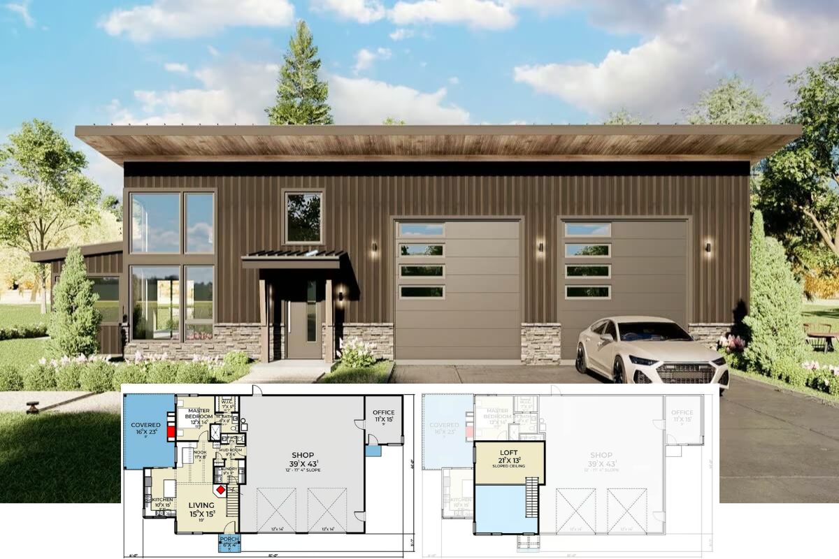 Barndominium-Style 1-Bedroom Home with Loft and Covered Patio (Floor Plan)