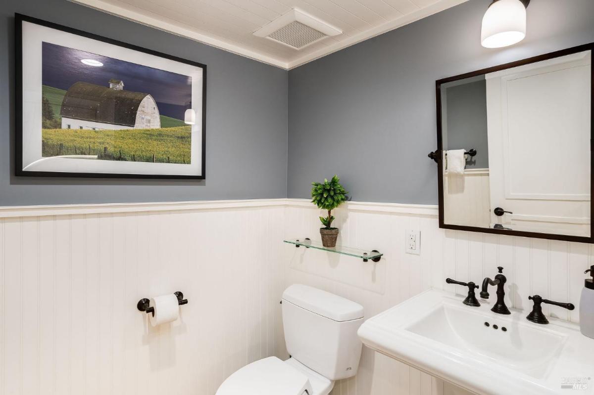 A bathroom with a toilet, sink, and a wall-mounted glass shelf featuring a small plant and a framed picture.

