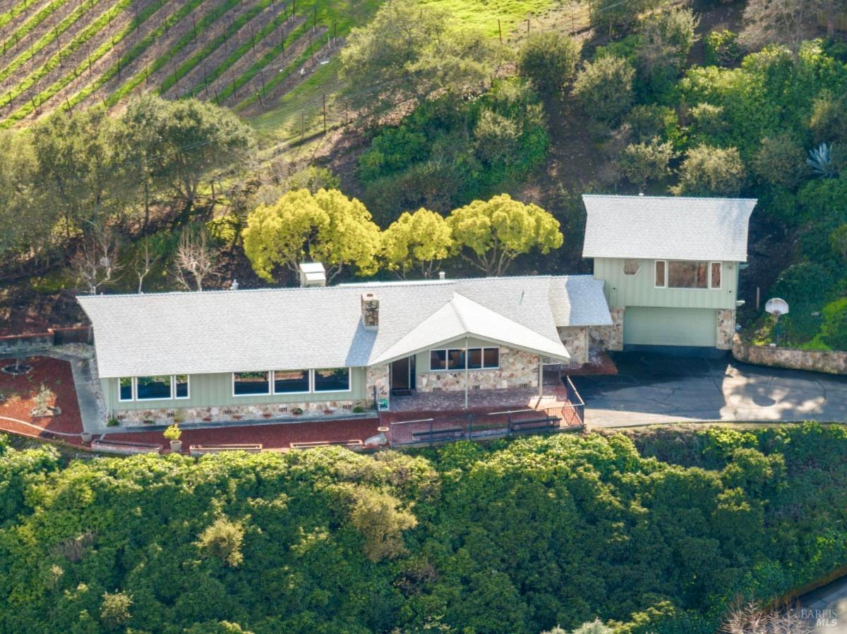 Aerial view of a house with a green roof surrounded by vegetation.