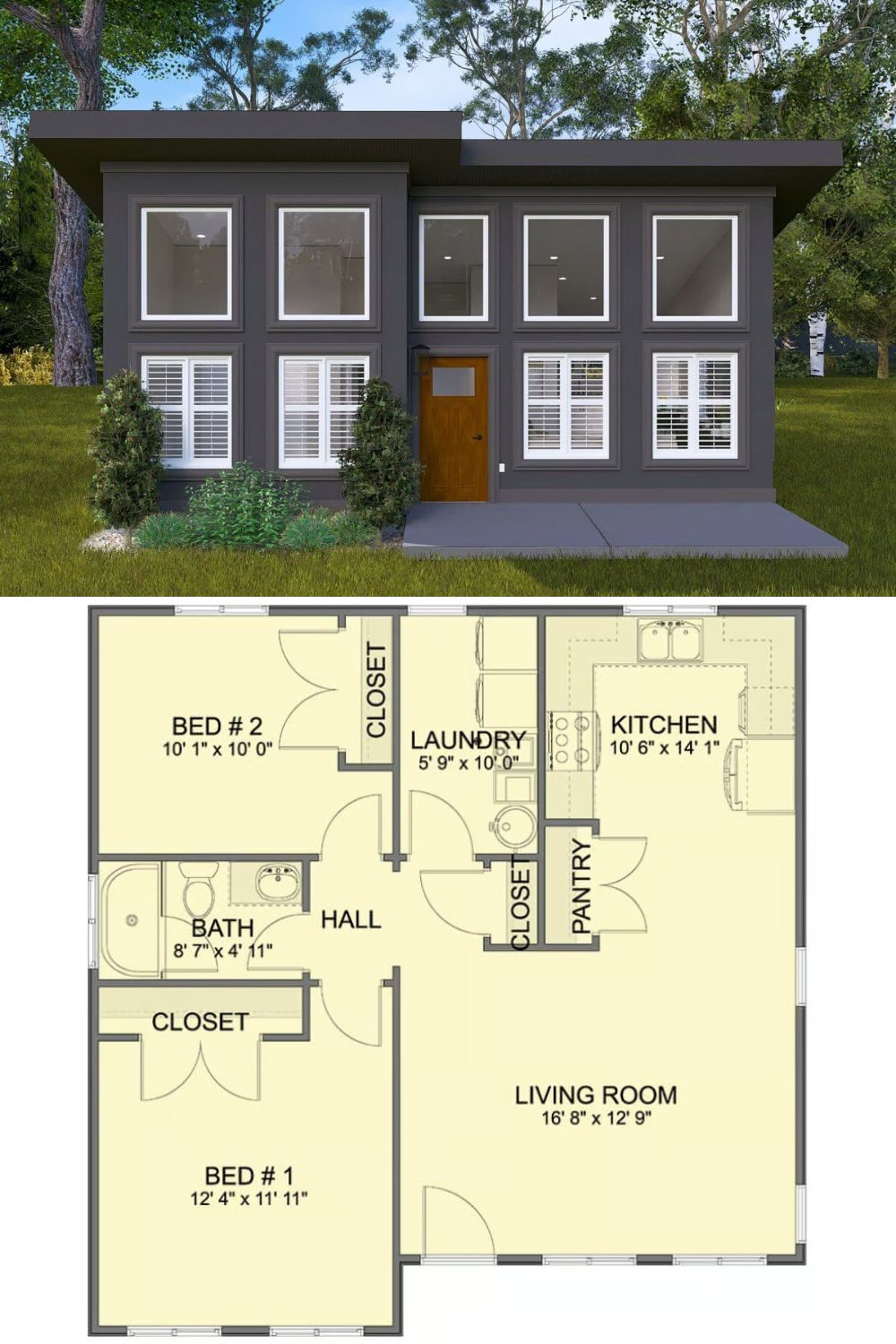 This contemporary-style ADU features a bold, modern façade defined by a near‐flat roofline and a grid of large, evenly spaced windows. The exterior’s clean lines and dark color palette create a striking look. A warm accent door sits centrally below the upper row of windows, providing a clear, welcoming entry point and a pop of contrast against the sleek, geometric design.