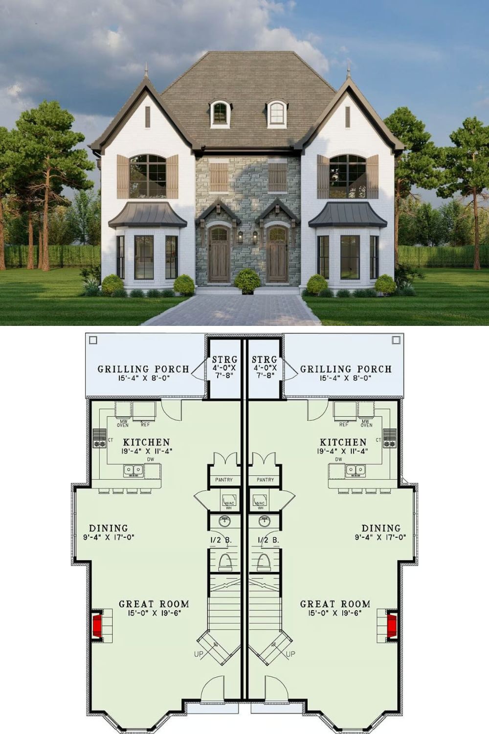 Exuding a stylish blend of European-inspired charm, this symmetrical duplex features steeply pitched roofs, arched upper windows, and classic shutters that accent the brick and stone facade. Twin entry doors sit side-by-side beneath individual overhangs, creating a balanced and welcoming appearance.