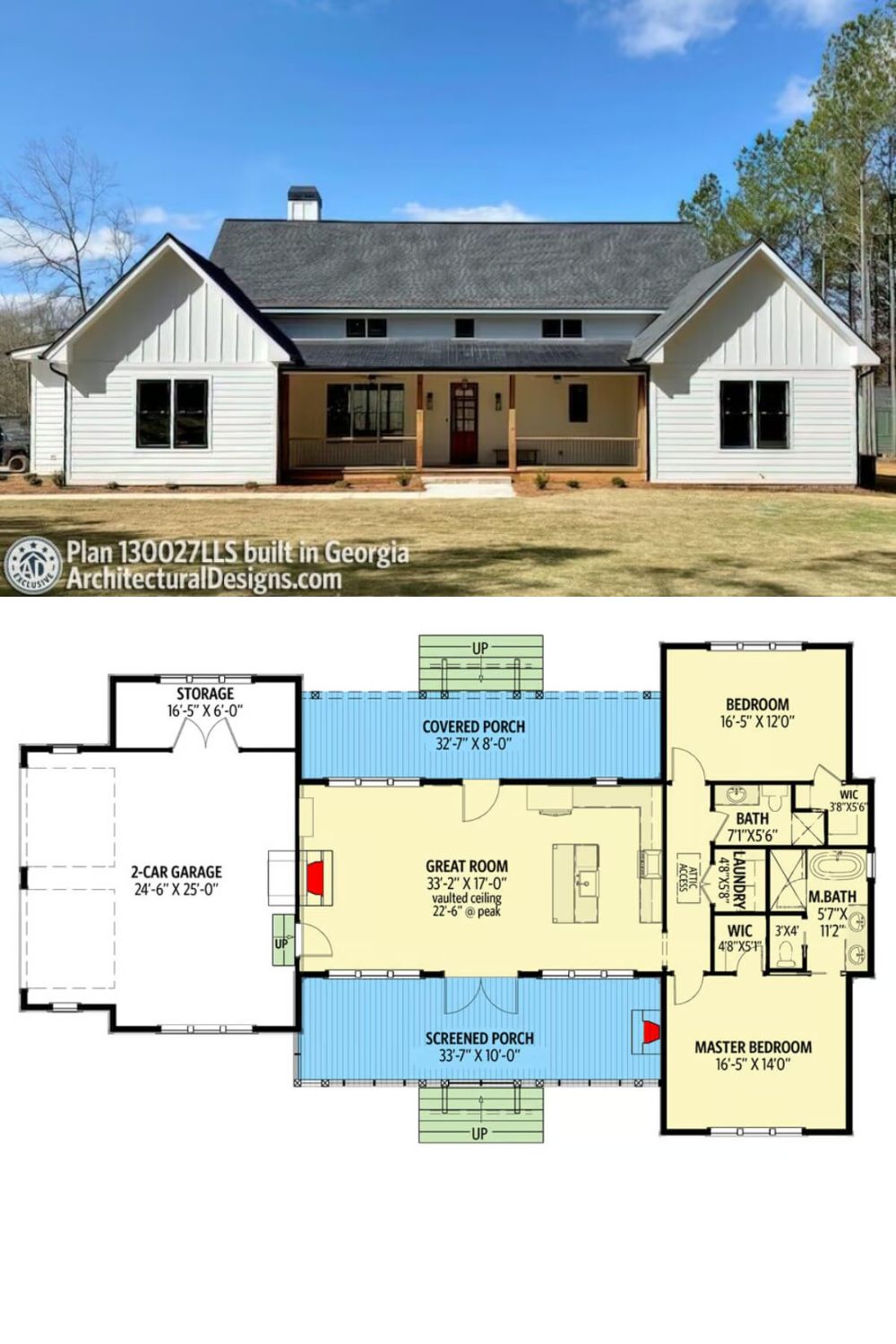 This modern farmhouse exudes warmth and charm with its classic white siding, pitched rooflines, and inviting front porch. The symmetry of the design is complemented by natural wood accents on the porch and a bold front door that draws attention to the entryway. The expansive windows ensure ample natural light while enhancing the home's curb appeal.