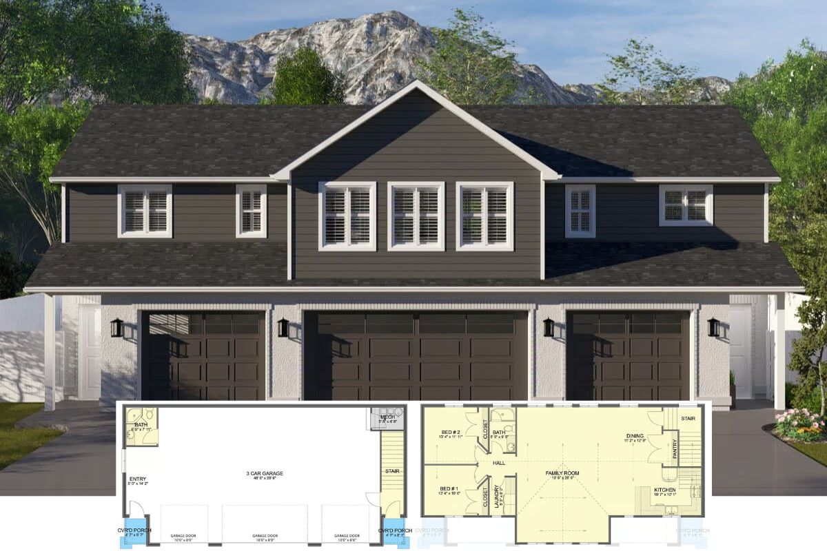 Traditional-Style Carriage Home with 2 Bedrooms and 4-Car Garage (Floor Plan)