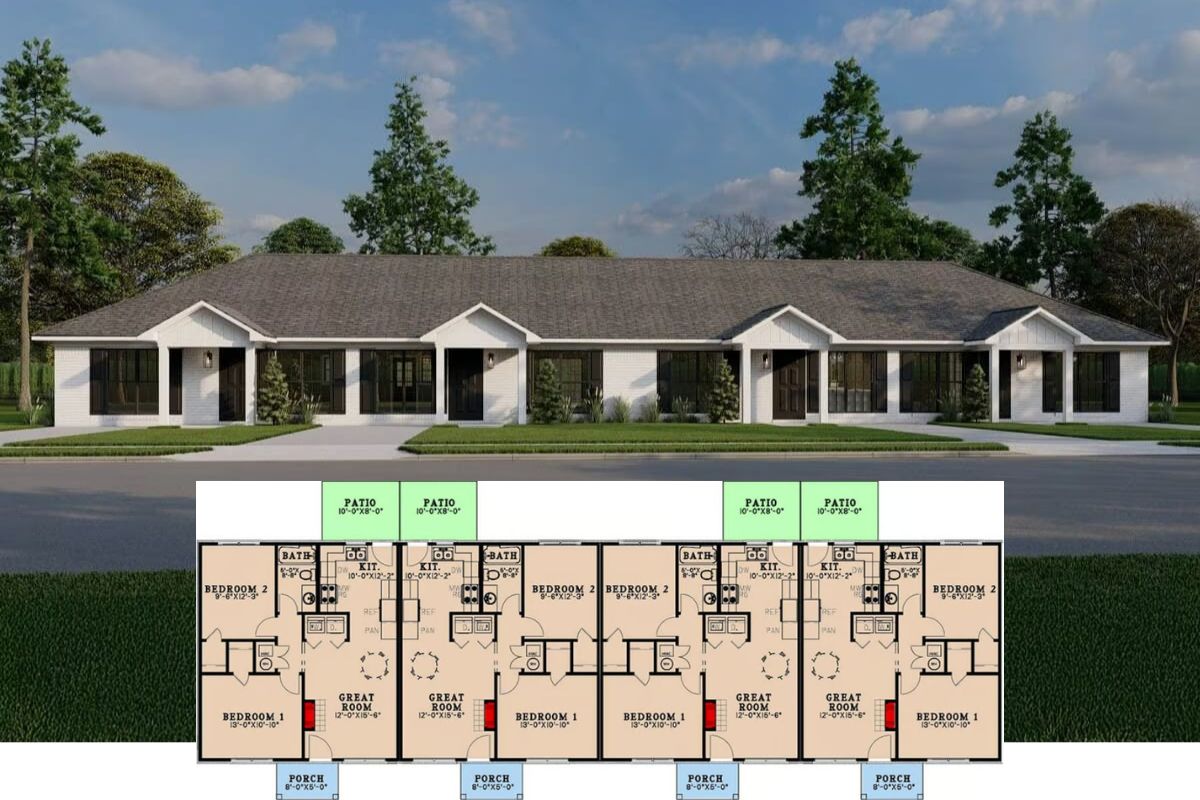 Traditional-Style Four-Plex Home with Front Porch and 2-Bed Units (Floor Plan)