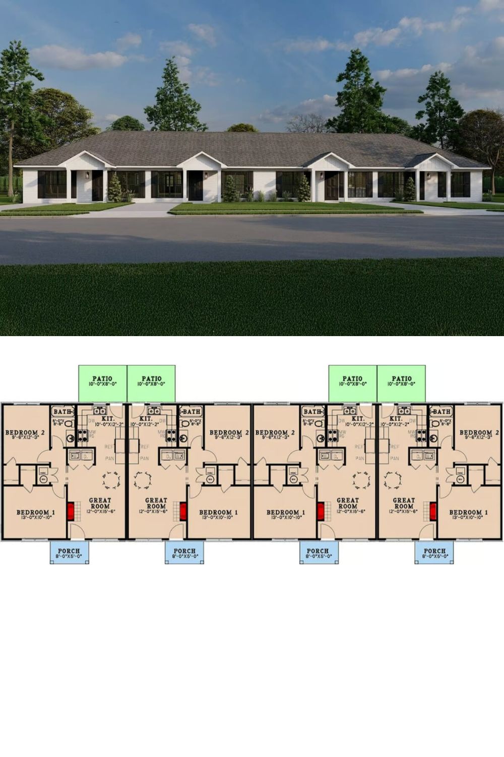 This traditional four-plex home offers a clean, symmetrical exterior with classic elements that exude timeless appeal. The white siding is accented by black-framed windows, gable rooflines, and welcoming front porches, creating an inviting and cohesive look. Each unit is thoughtfully separated to provide individual entrances and privacy, making it an ideal multi-family dwelling.