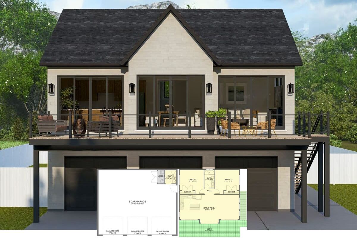 2-Bedroom Traditional Home with Open Living Space and 3-Car Garage (Floor Plan)