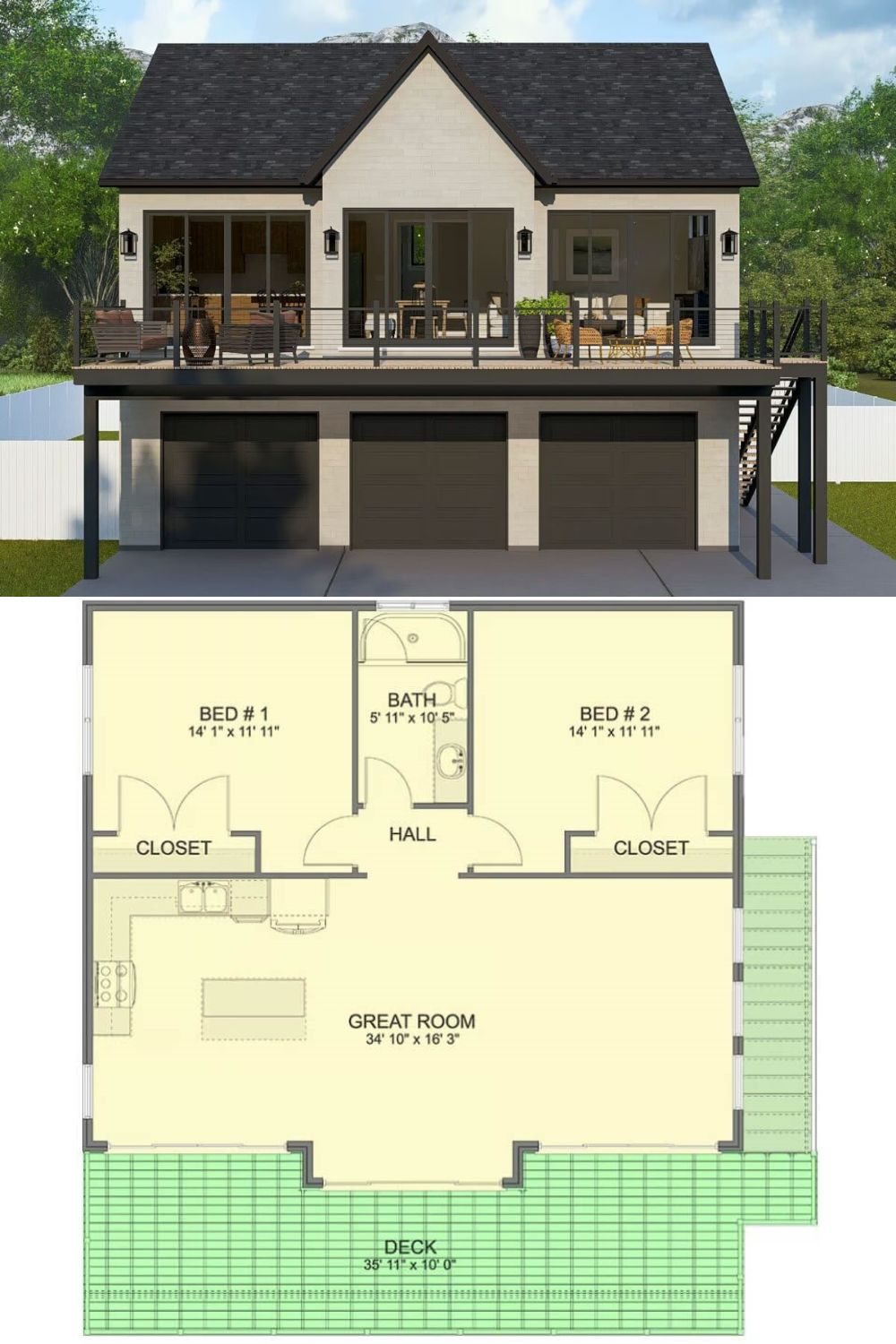 This traditional-style home places a spacious triple‐bay garage at ground level, with the primary living areas elevated above. A generous deck spans the front façade, offering ample space for outdoor seating and entertaining. Large sliding glass doors and tall windows line the upper‐level living quarters, bringing an abundance of natural light into the interior. A simple gabled roof anchors the design, while dark trim details and sleek railings lend a clean, modern touch.