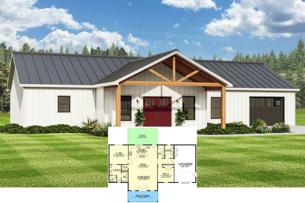 Traditional 2-Bedroom Ranch with Vaulted Front Porch and Open-Concept Living (Floor Plan)