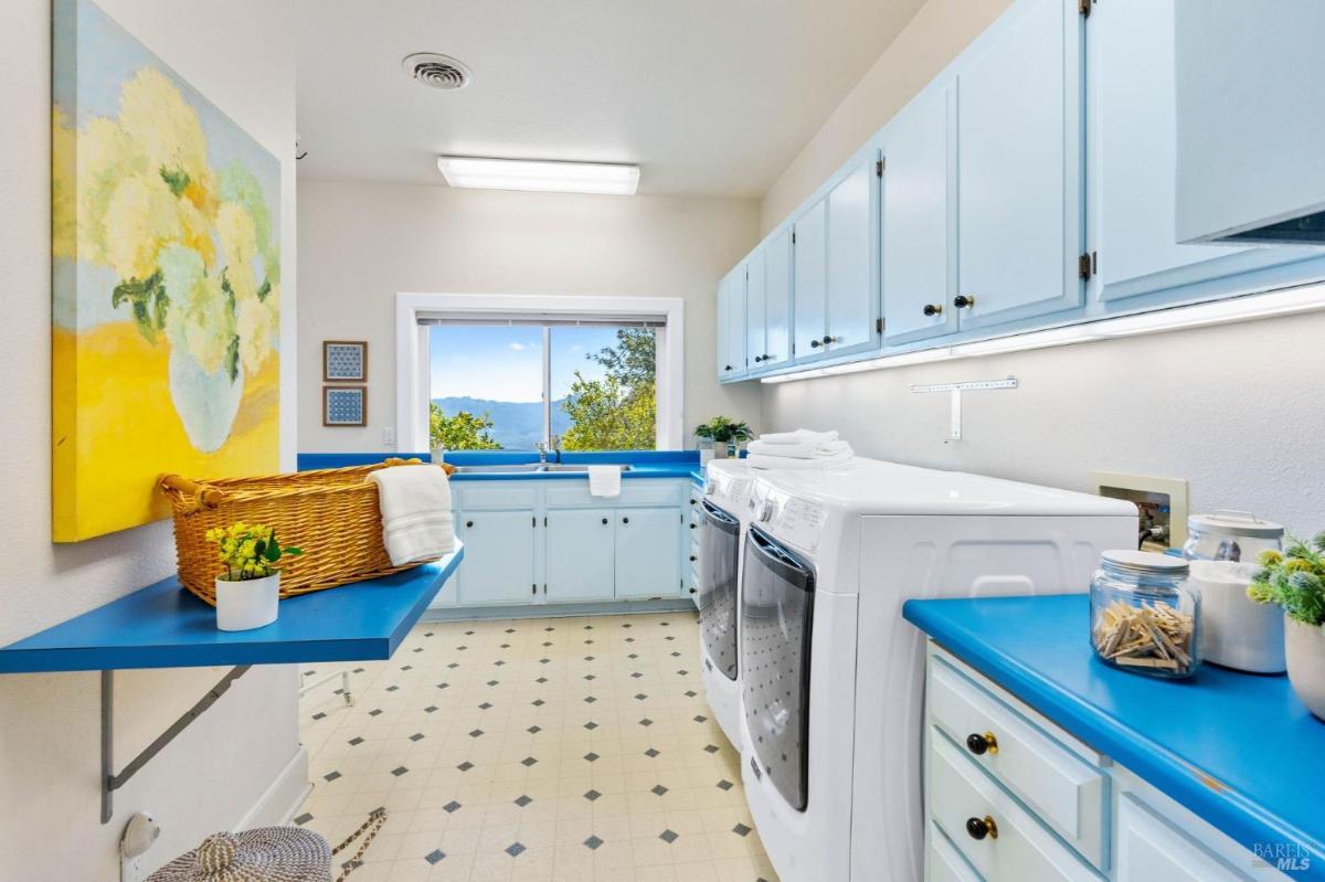 A laundry room with blue countertops, cabinets, and a view of the outdoors.