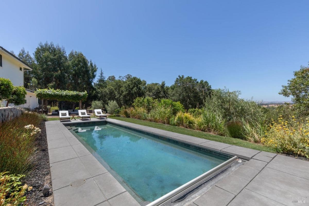 Long swimming pool with views of trees and hills in the distance.