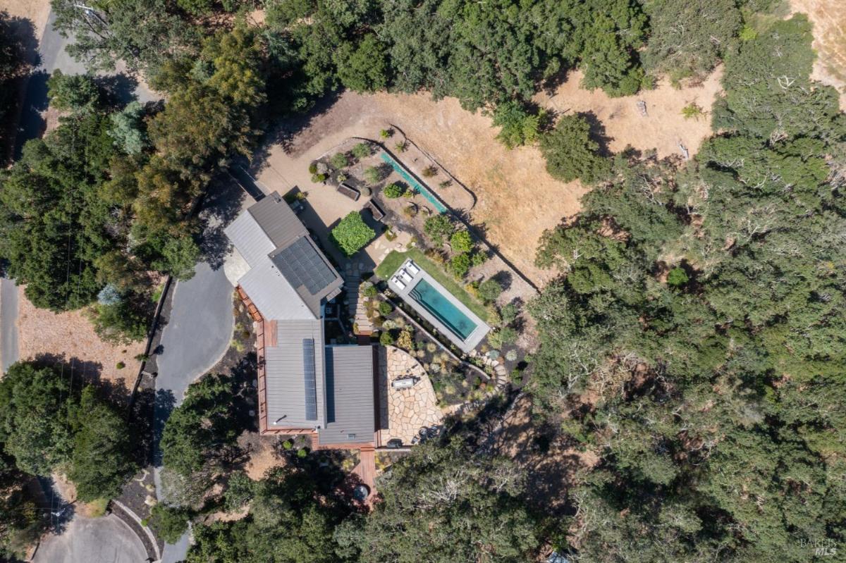 Aerial top-down view of the house, pool, and surrounding grounds.